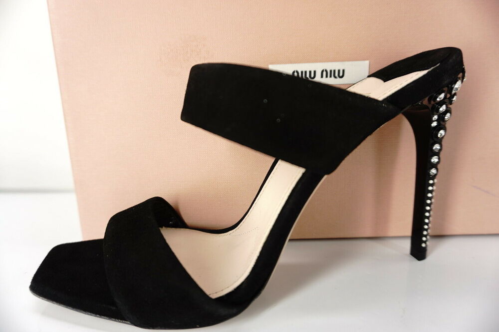 Miu Miu Black Suede Strappy Crystal Studs Mule Sandals Size 38.5 NIB $950